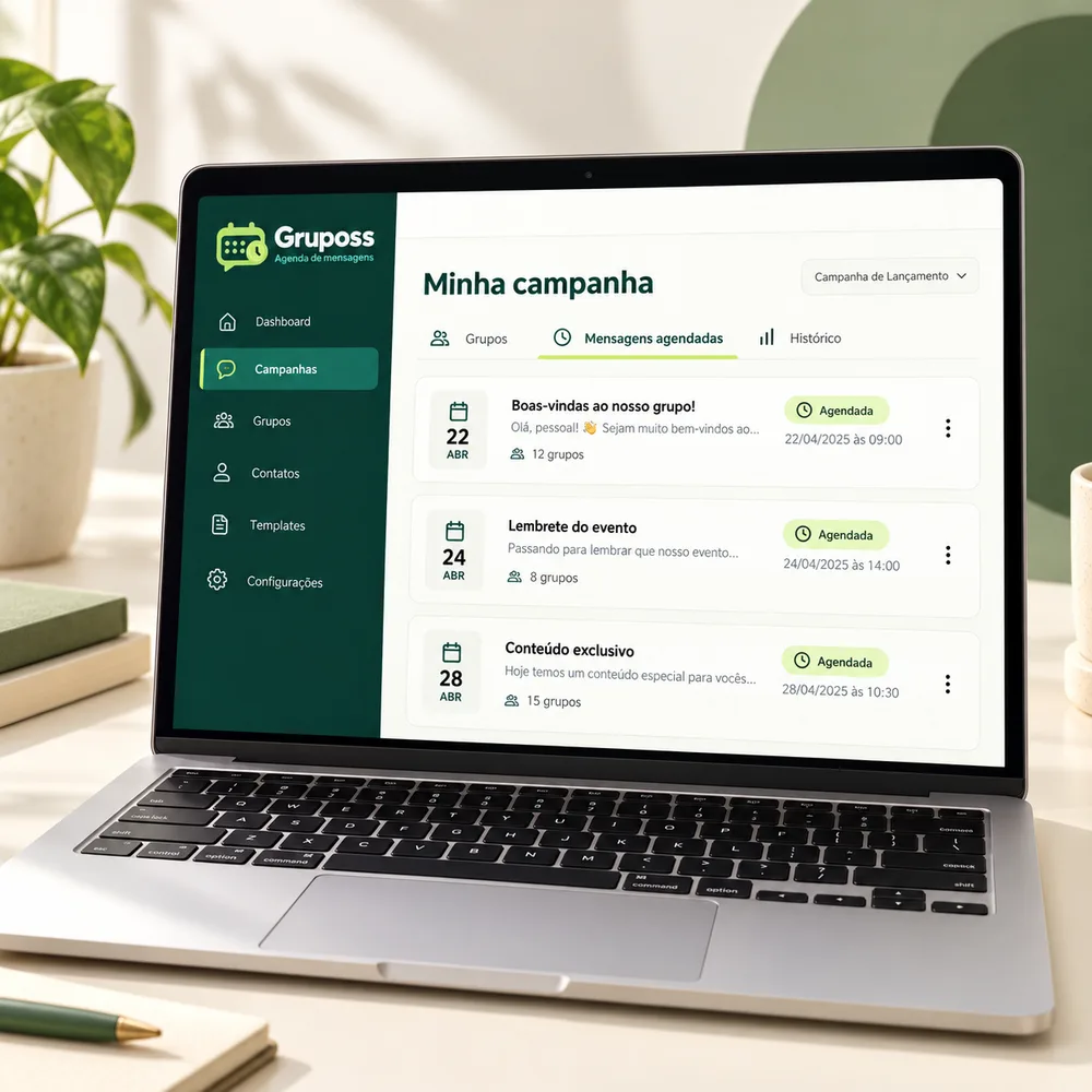 Mockup ilustrativo do Gruposs em um notebook, com mensagens agendadas para grupos